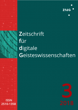 Heftcover: Dunkelgrüner Hintergrund. Oben links in Weiß das Logo der ZfdG. Im linken Viertel ein vertikaler Streifen in Rot mit hellerer Textur. Etwas höher als mittig darin der Ausschnitt einer Fotografie eines Bücherregals in dunklen Grünstufen. Daneben die Titelei in weißer Schrift: Zeitschrift für digitale Geisteswissenschaften. Unten rechts:  3, 2016; unten links die ISSN:  2510-1358.