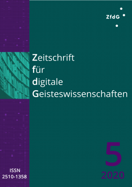 Heftcover: Dunkelgrüner Hintergrund. Oben links in Weiß das Logo der ZfdG. Im linken Viertel ein vertikaler Streifen in Violett mit hellerer Textur. Etwas höher als mittig darin der Ausschnitt einer Fotografie eines Bücherregals in dunklen Grünstufen. Daneben die Titelei in weißer Schrift: Zeitschrift für digitale Geisteswissenschaften. Unten rechts: 5, 2016; unten links die ISSN: 2510-1358.