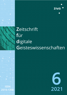 Heftcover: Dunkelgrüner Hintergrund. Oben links in Weiß das Logo der ZfdG. Im linken Viertel ein vertikaler Streifen in Hellblau mit hellerer Textur. Etwas höher als mittig darin der Ausschnitt einer Fotografie eines Bücherregals in dunklen Grünstufen. Daneben die Titelei in weißer Schrift: Zeitschrift für digitale Geisteswissenschaften. Unten rechts: 6, 2016; unten links die ISSN: 2510-1358.