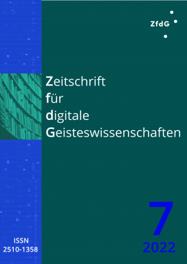 Heftcover: Dunkelgrüner Hintergrund. Oben links in Weiß das Logo der ZfdG. Im linken Viertel ein vertikaler Streifen in Königsblau mit hellerer Textur. Etwas höher als mittig darin der Ausschnitt einer Fotografie eines Bücherregals in dunklen Grünstufen. Daneben die Titelei in weißer Schrift: Zeitschrift für digitale Geisteswissenschaften. Unten rechts: 7, 2016; unten links die ISSN: 2510-1358.